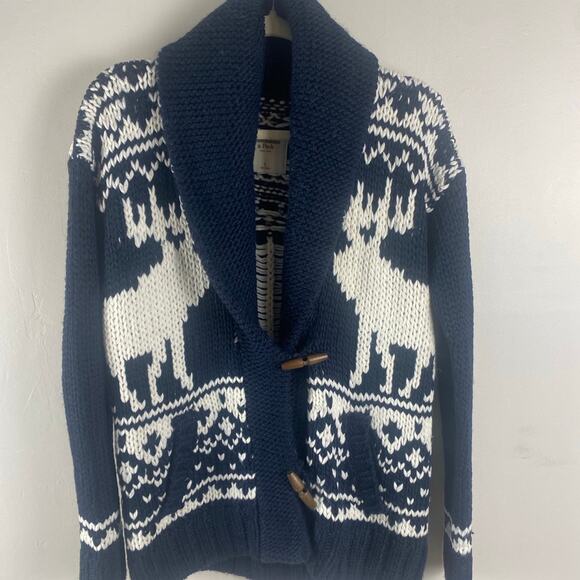 Abercrombie & Fitch Women’s Moose Chunky Knit Long Cardigan Toggles Small Navy - Picture 1 of 10